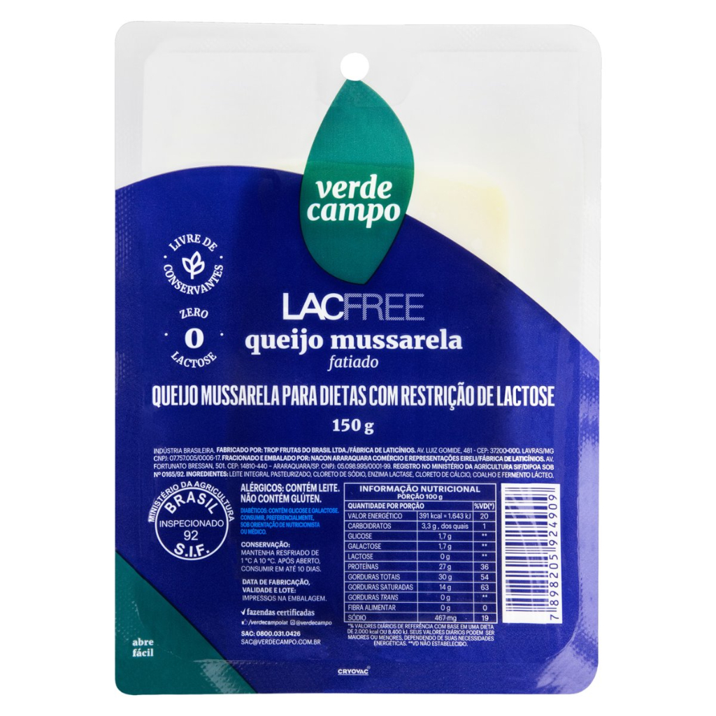 QUEIJO MUSSARELA VERDE CAMPO LACFREE FATIADO 150G